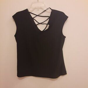 Emaline Petite M Navy Blue Sleeveless Top w/V-Neck & Laced V-Neck Back